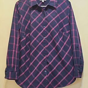 Kim Rogers Navy Button-Down Long Sleeves Shirt with Pink Windowpane Plaid